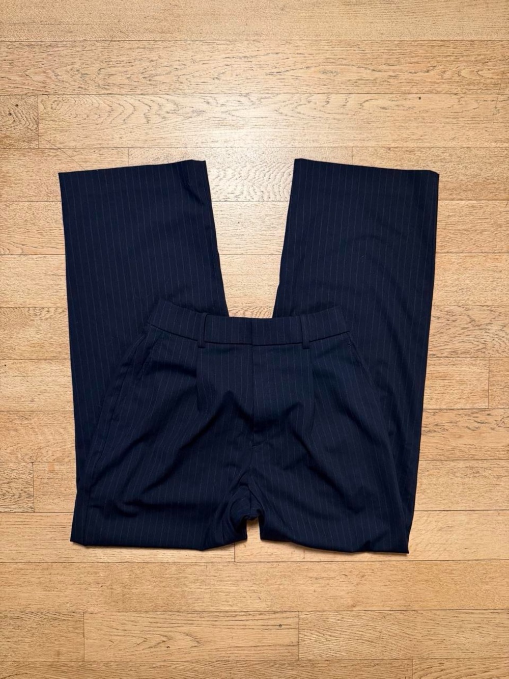 Uniqlo Navy Pinstripe Trousers Office Siren High Waisted